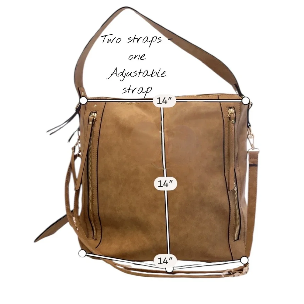 VR NYC Multi-Zip Trim Messenger Handbag Tote Purse Beige Faux Leather Urban Chic